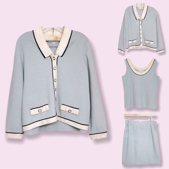 St. John Collection Skirt Set Light Blue Cream 3 Piece Blazer Womens Size Small - Picture 1 of 13